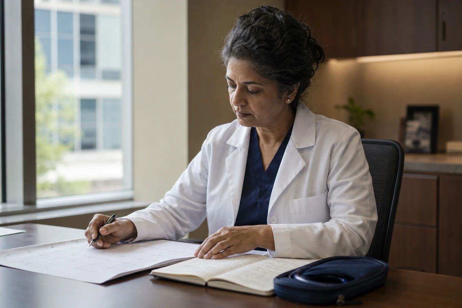 Physician reviewing a planning calendar and notebook in a quiet office
