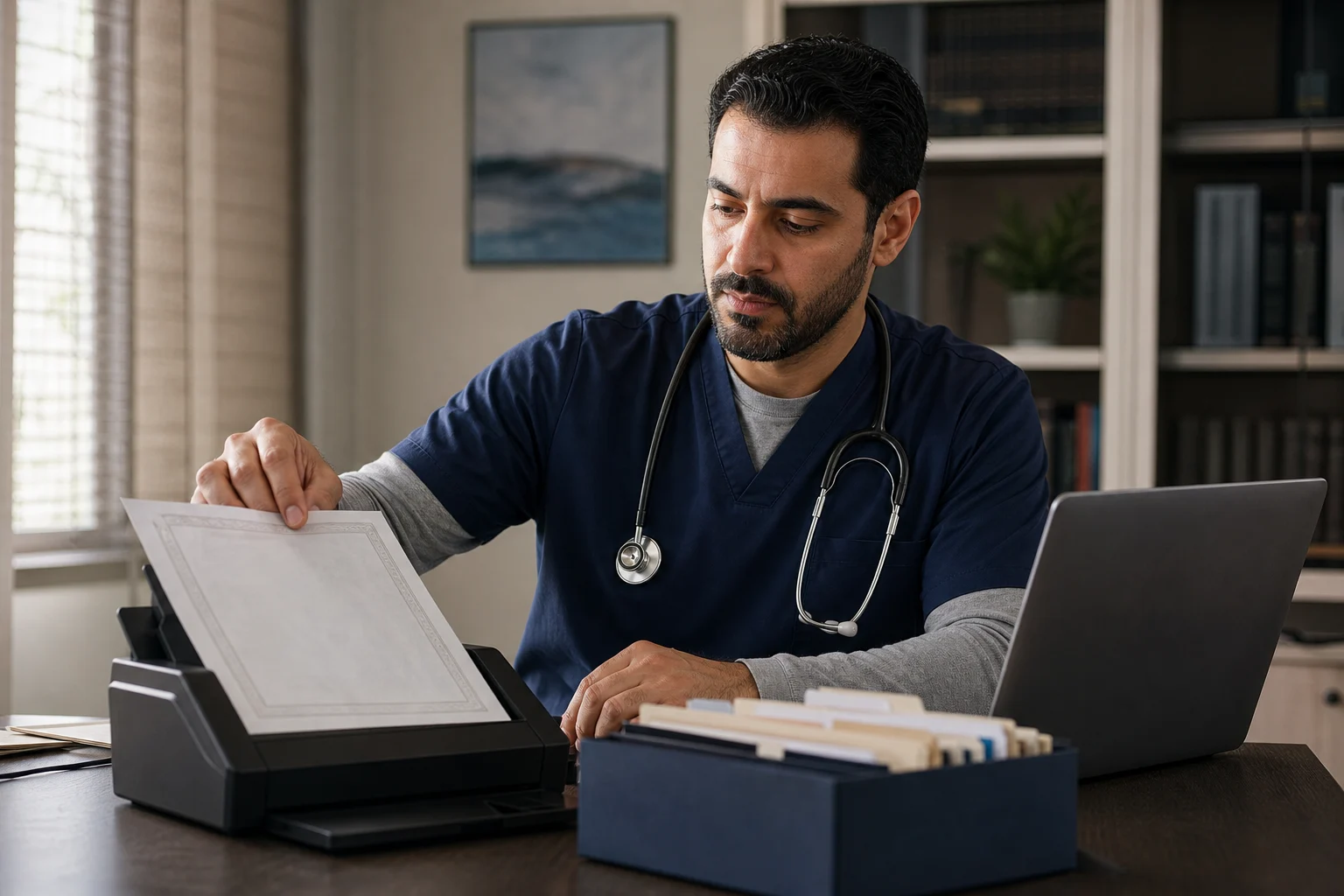 Physician scanning a professional record beside an organized file box