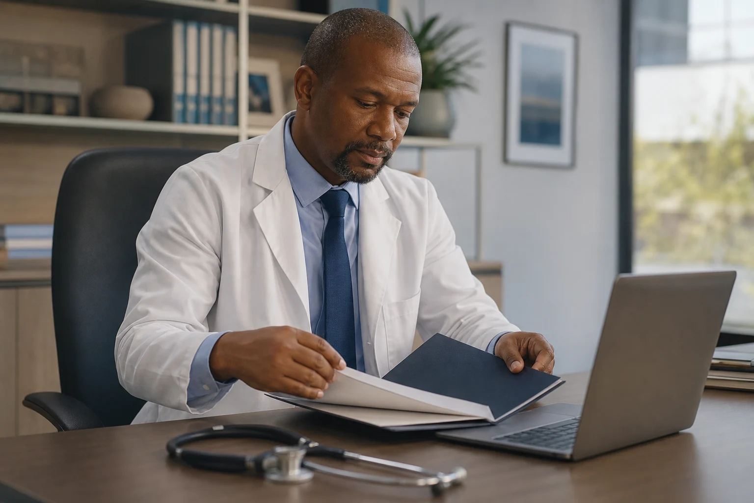 Physician organizing a professional records folder beside a laptop