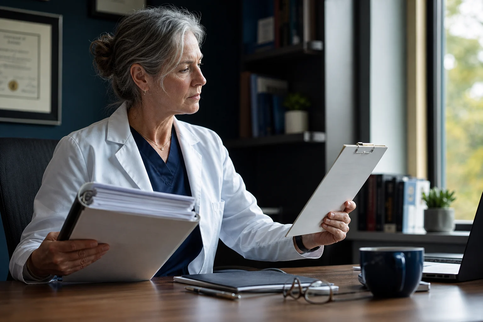 Physician comparing a detailed binder with a concise professional brief