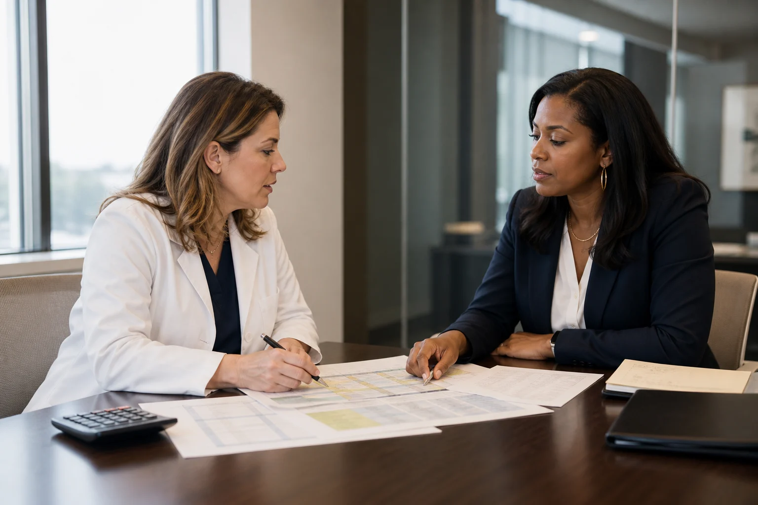 Physician and healthcare operations leader reviewing schedules and budget documents