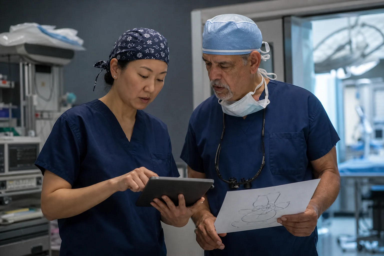 Two clinicians reviewing case materials near an operating suite