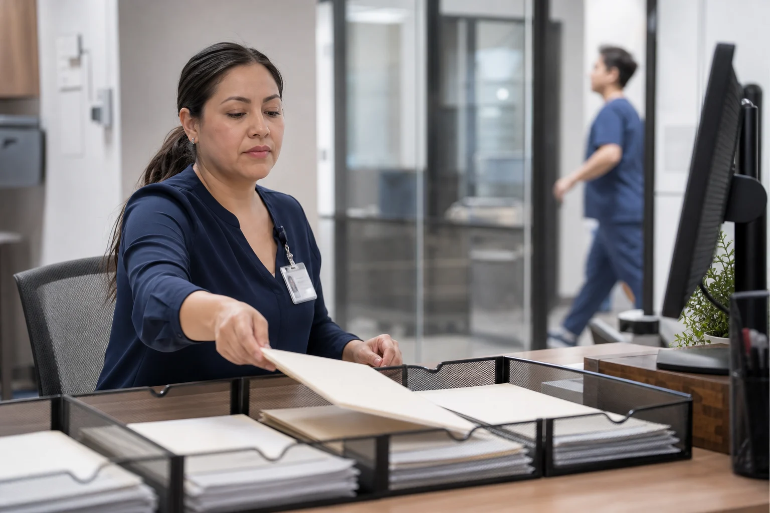 Hospital coordinator moving a professional file through an organized review workflow