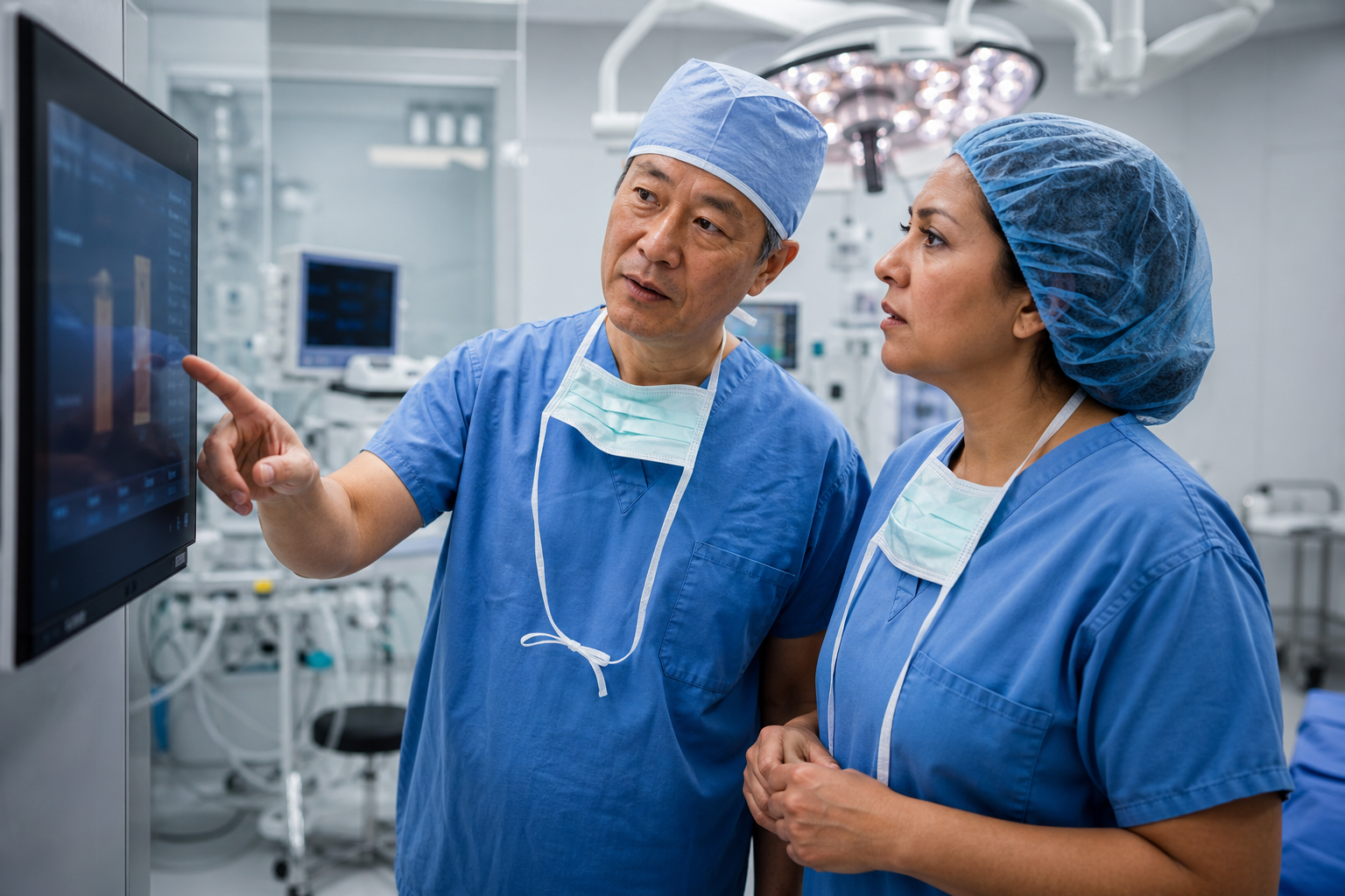 Illustrative editorial image of an Asian male surgeon and a Latina clinical professional reviewing an operating-room monitor