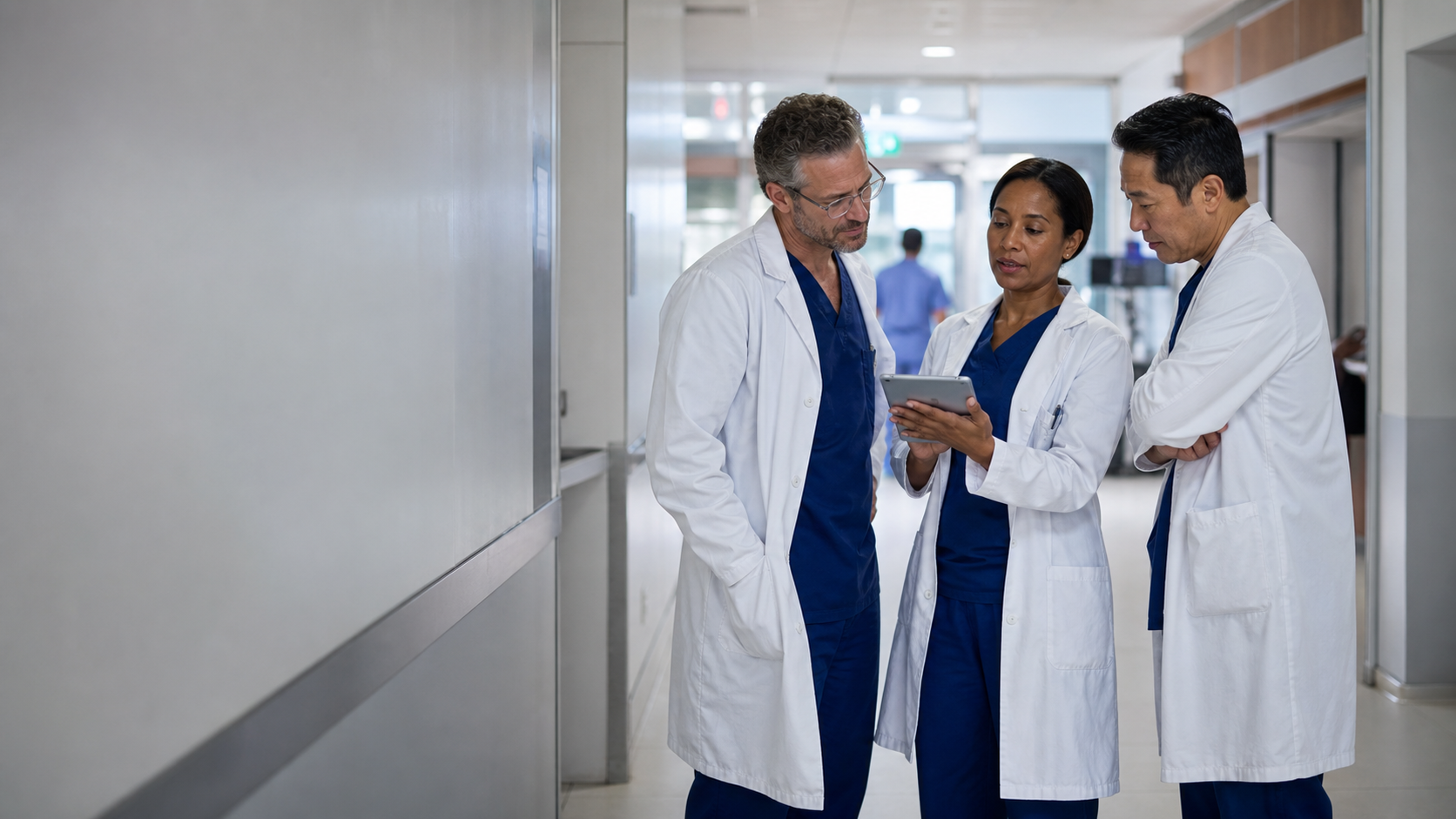 Representative editorial image of three experienced physicians reviewing a tablet in a hospital corridor