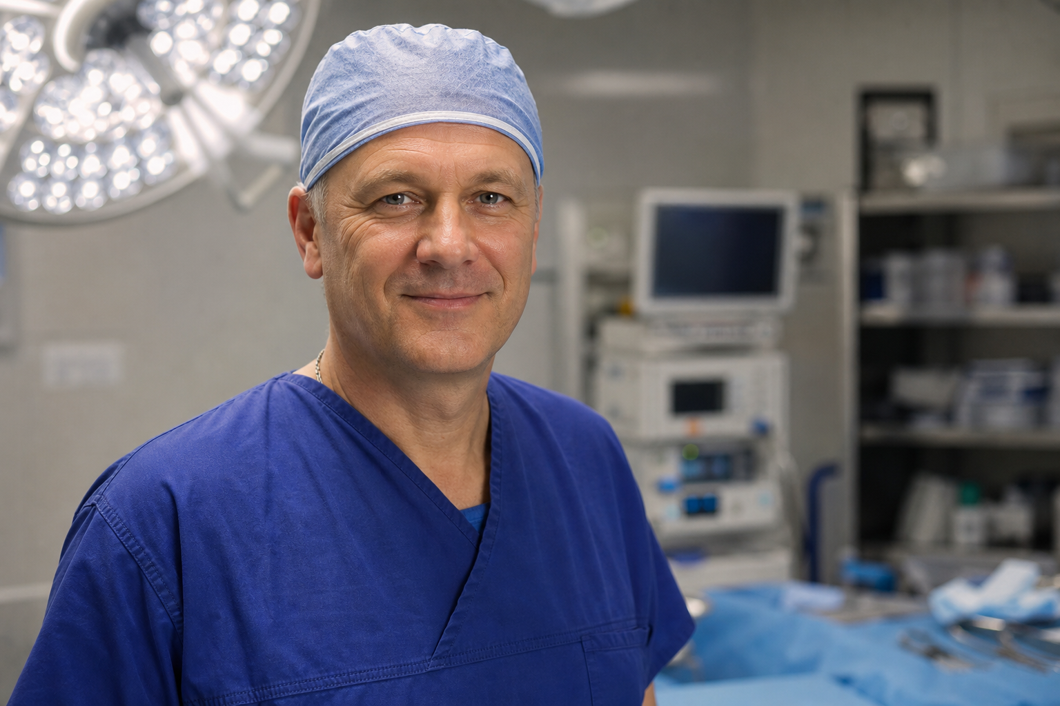 Illustrative editorial portrait of an experienced male surgical professional looking toward the camera with a gentle smile in an operating room